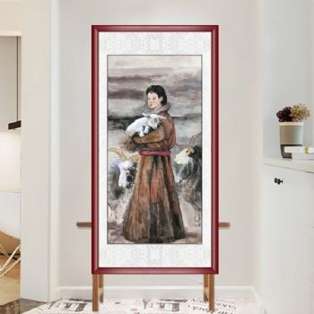 水墨国画牧羊女人物国画纯手绘美女仕女国画客厅酒店国画实木外框