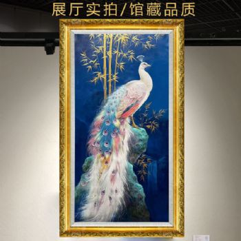 精品手绘白孔雀动物油画玄关写实孔雀幸福吉祥鸟实木外框