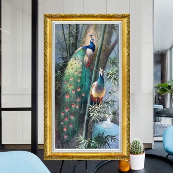 竹林孔雀图精品手绘竹子与孔雀油画玄关写实孔雀幸福吉祥实木外框