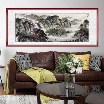 客厅山水风景国画纯手绘水墨山水画小六尺山水画实木外框