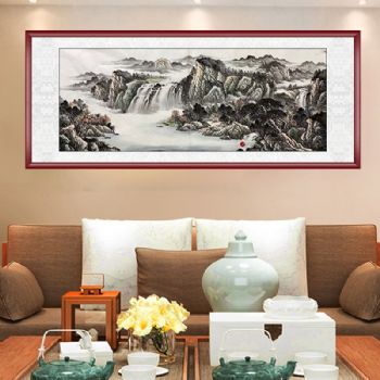 纯手绘客厅山水风景国画水墨山水画小六尺山水画实木外框