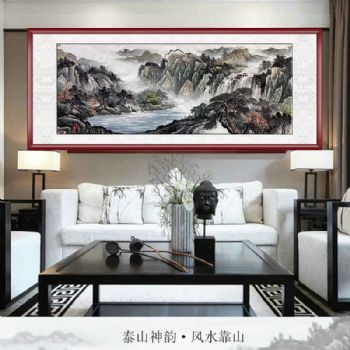 纯手绘客厅水墨山水国画山水人家小六尺山水画实木外框