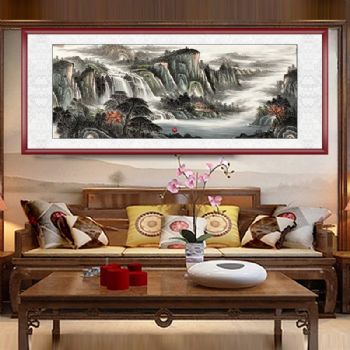 聚宝盆纯手绘山水水墨山水国画小六尺山水画实木外框