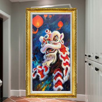 纯手绘油画大红灯笼与舞狮吉祥守护红红火火中式玄关油画实木外框