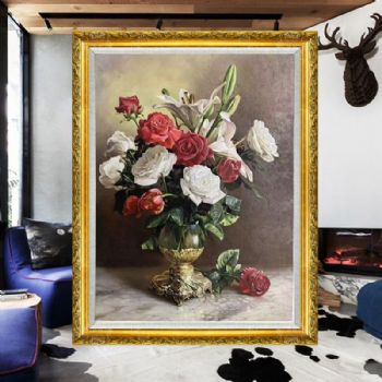 精品写实欧式花卉油画纯手绘油画古典花卉餐厅挂画实木外框