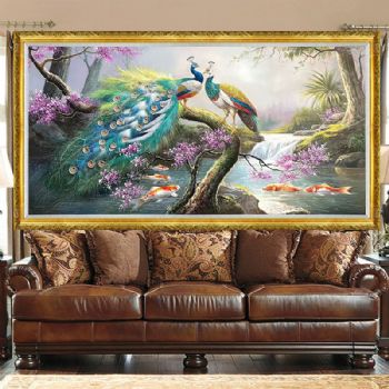 横幅精品工笔写实孔雀图客厅大厅手绘动物油画实木外框