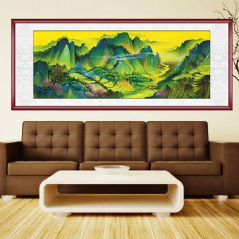 纯手绘水墨山水国画山里人家彩墨山水画小六尺山水画实木外框