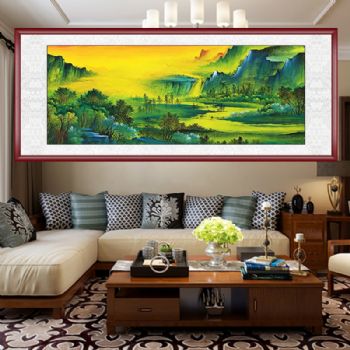 彩墨山水国画山里风景山水画小六尺山水画实木外框