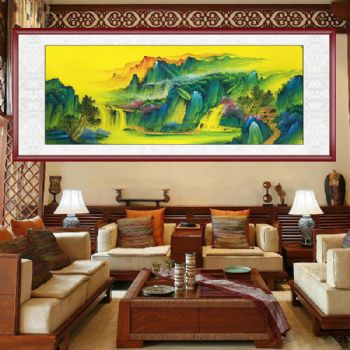 精品手绘彩墨山水国画山里风景山水画小六尺山水画实木外框