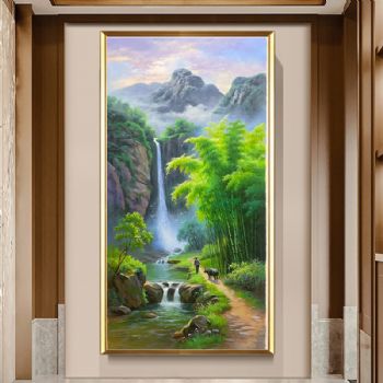 纯手绘新中式玄关竹林风景油画竹报平安实木外框