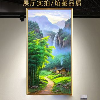 瀑布流水人家竹林风景油画纯手绘油画实木画框