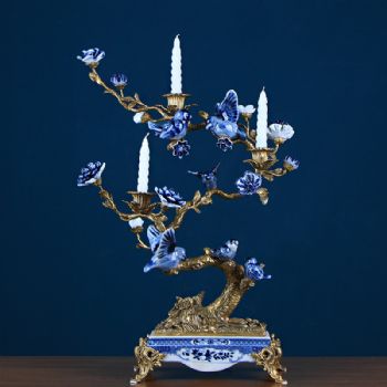 欧式手绘陶瓷配铜花鸟树枝烛台工艺品 创意家居饰品玄关软装摆件
