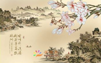 客厅中式壁画中堂壁画酒店大厅壁画
