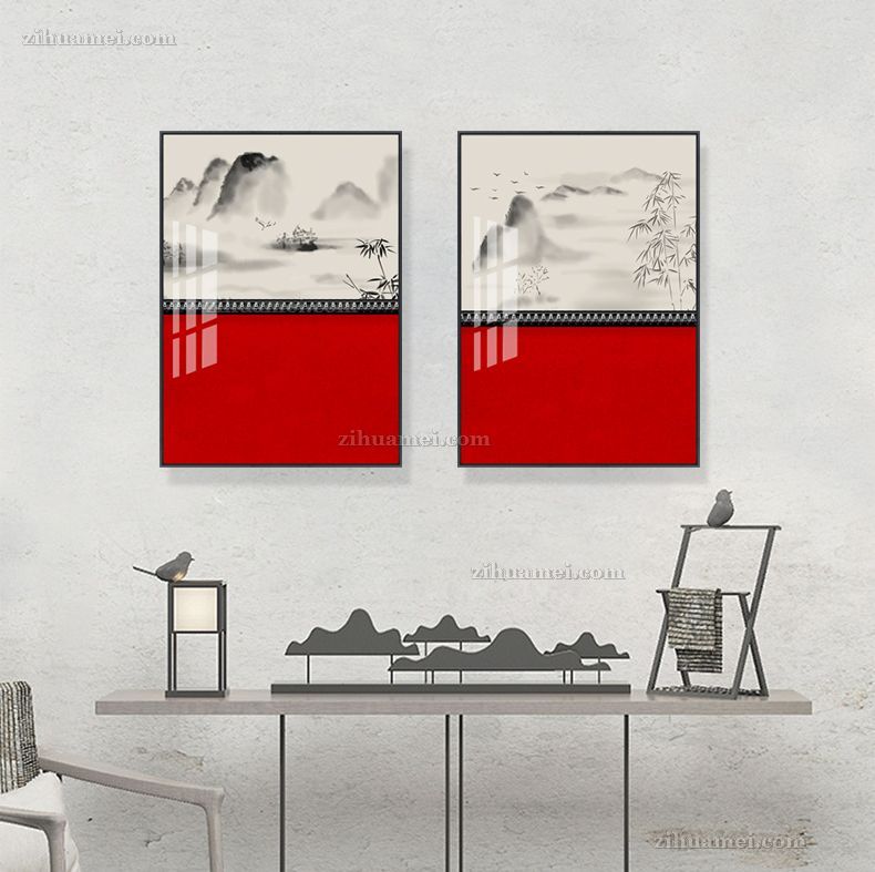 新中式中国红山水国画餐厅酒店挂画