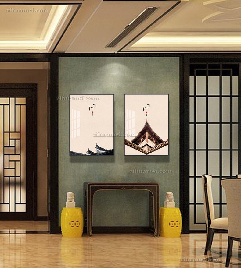 中国风新中式精品古建筑国画客厅挂画