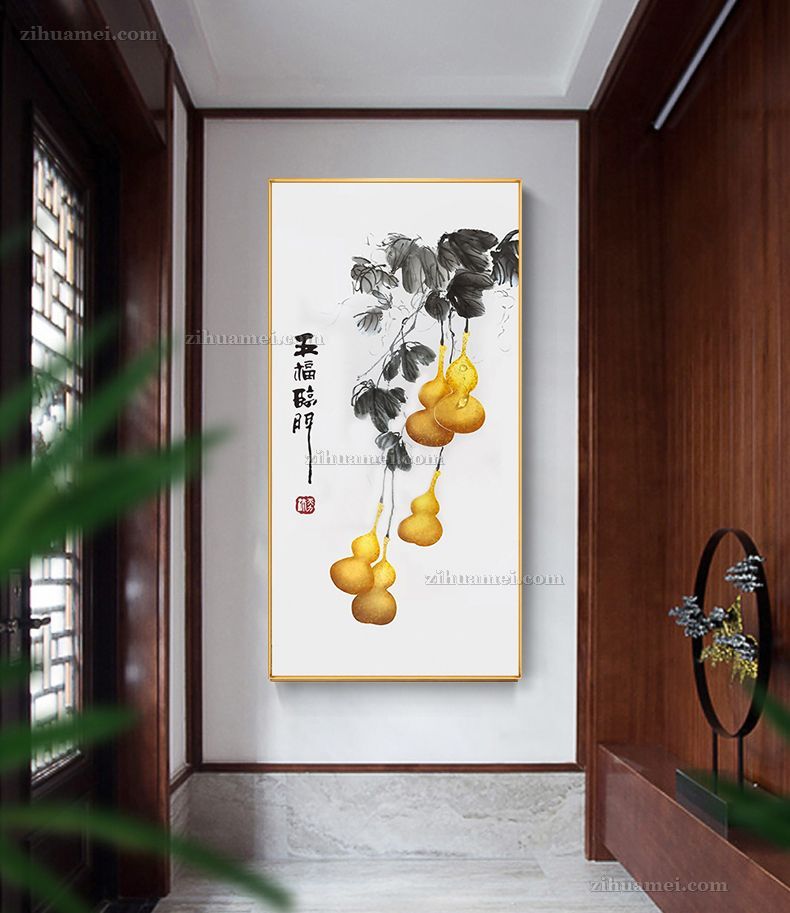 新中式玄关五福临门装饰画
