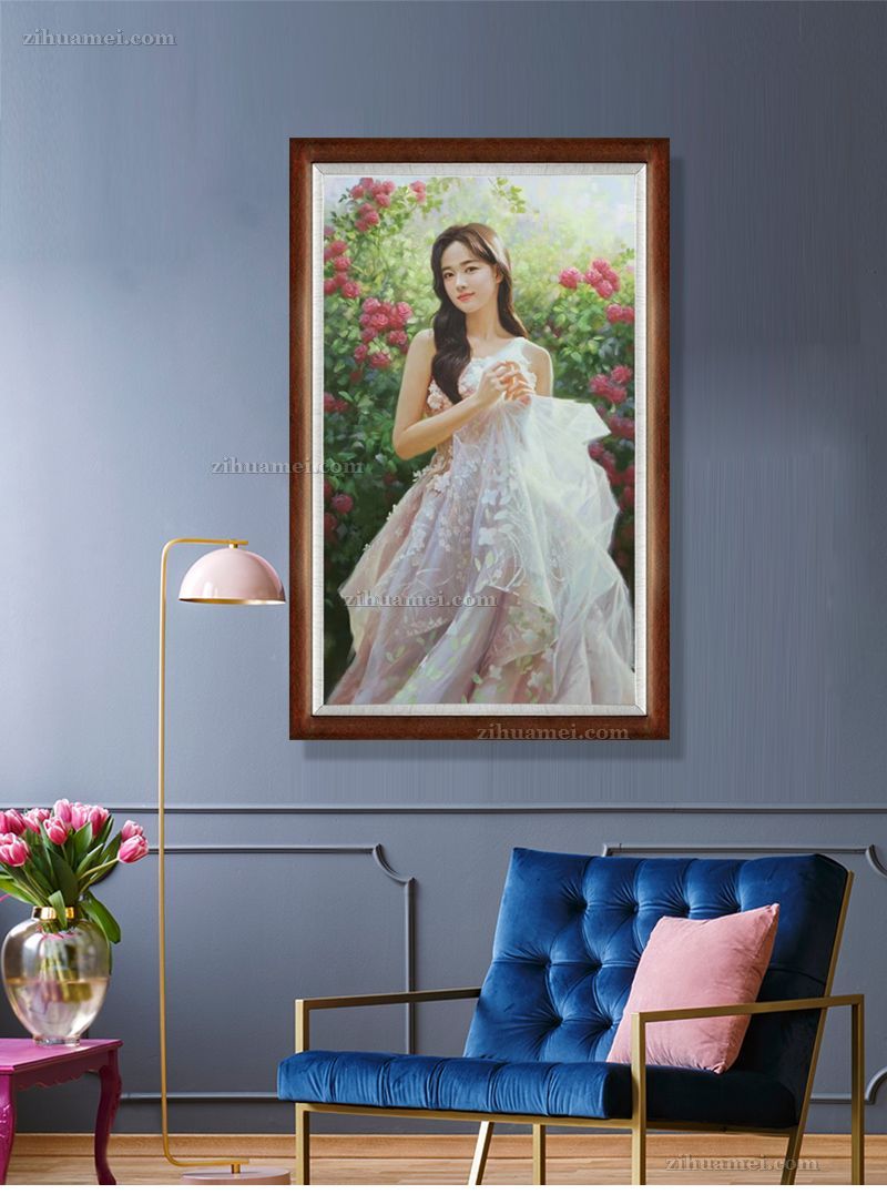 美女与鲜花人物油画纯手绘写意人物油画