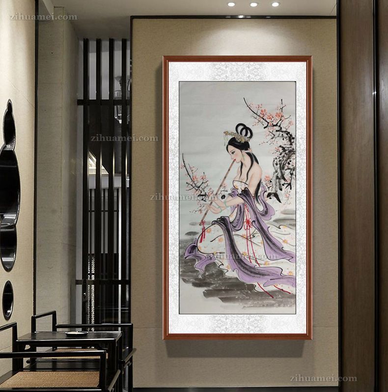 美女吹萧图写意画