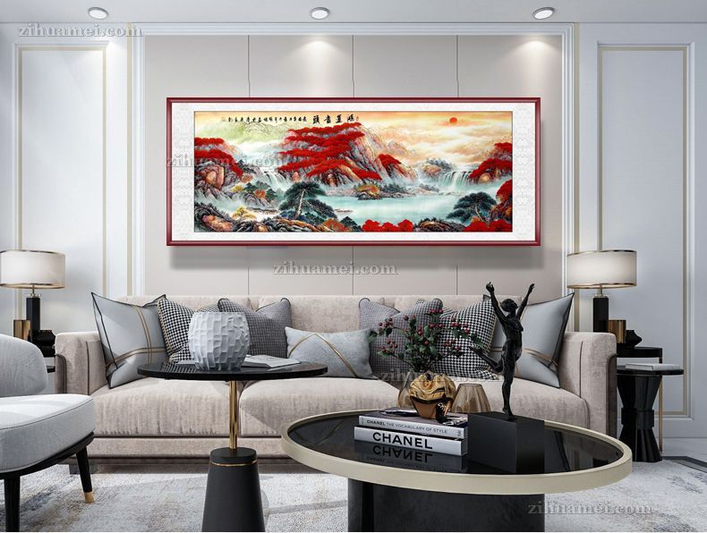 青山绿水红山头迎客松国画