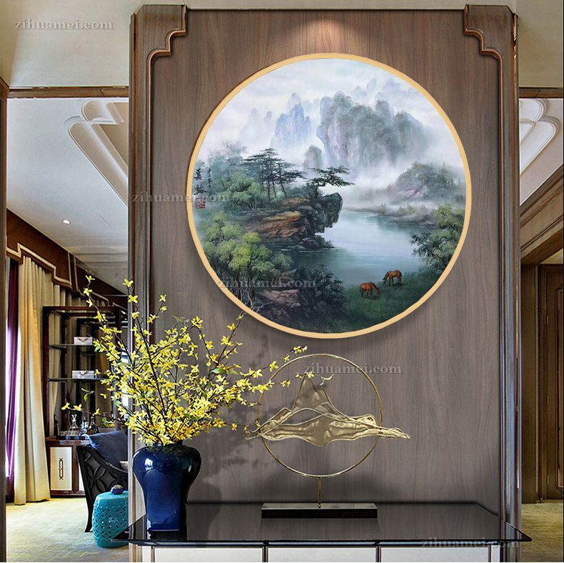 圆形山水油画风景画