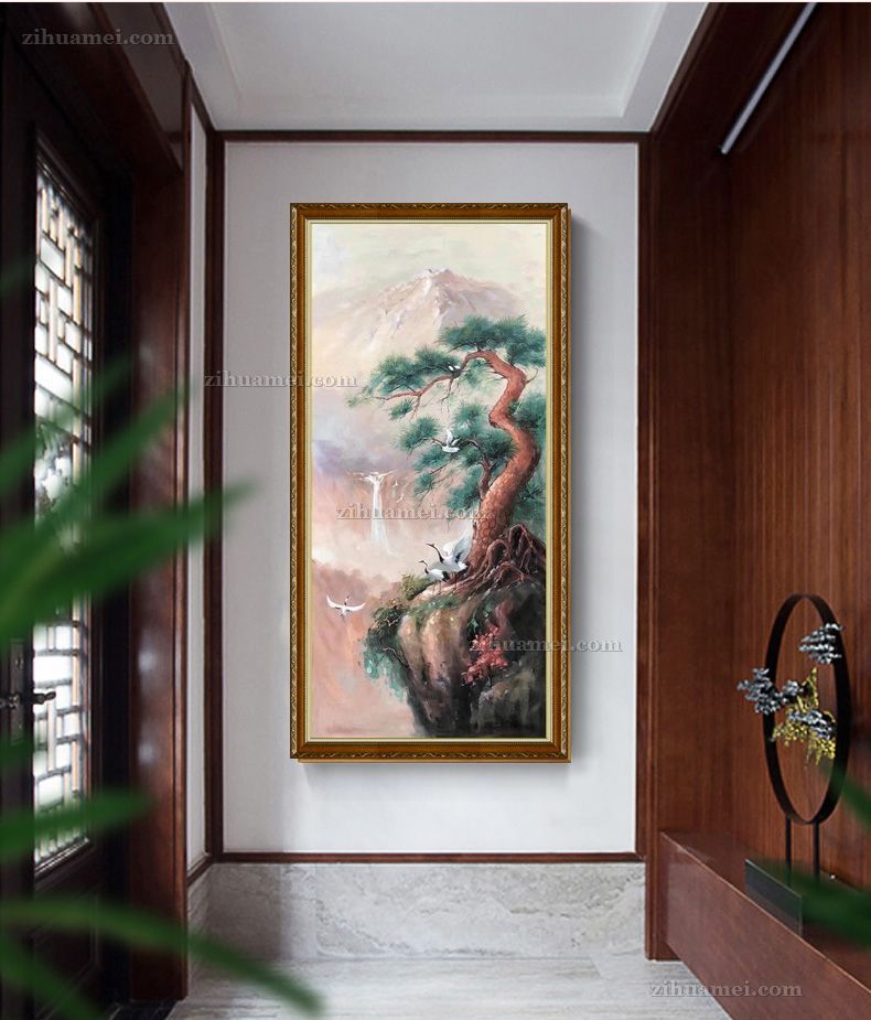 仙鹤与松树手绘写意油画