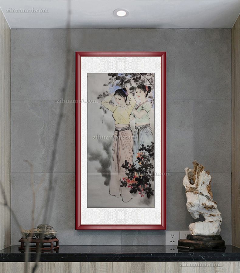 现代人物手绘国画美女图酒店挂画