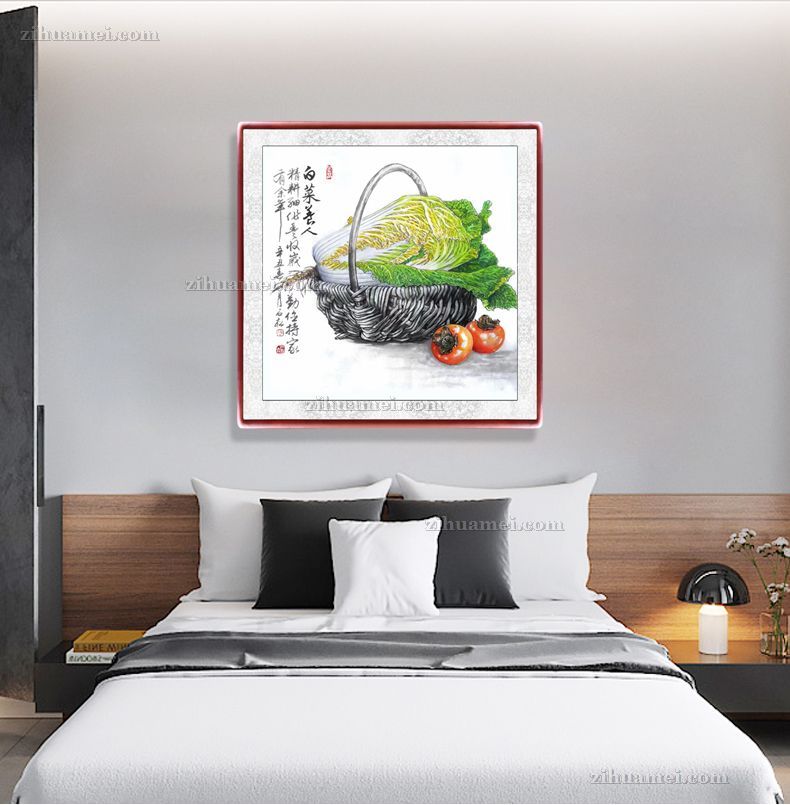写实国画水墨静物画白菜与柿子图