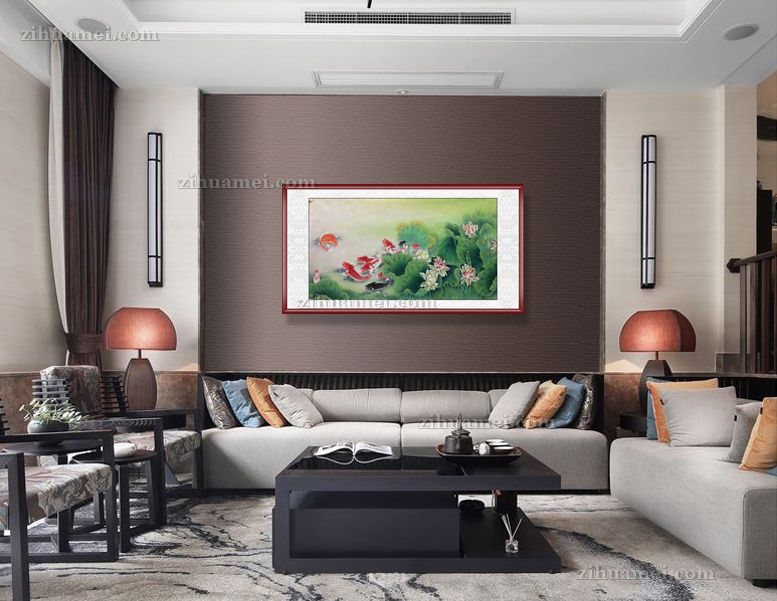 工笔写实六尺水墨国画荷花九鱼图