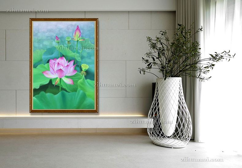 适合玄关卧室的花鸟油画荷花图