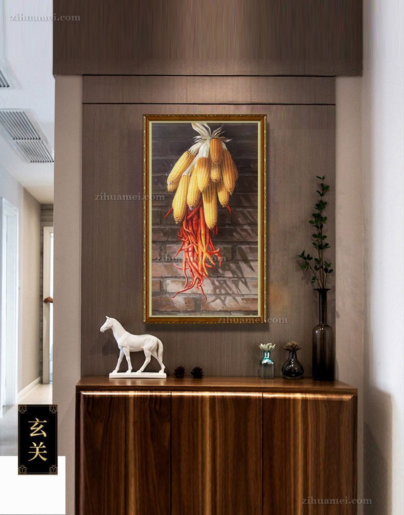 适合玄关客厅的新中式静物油画玉米辣椒图