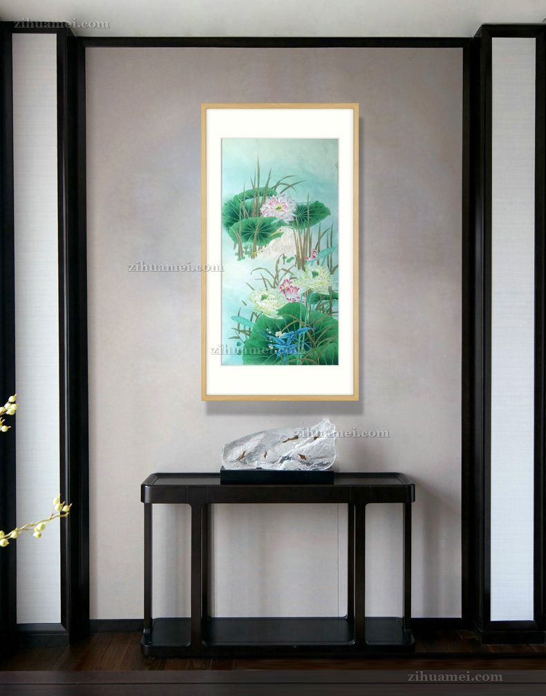纯手绘四尺工笔国画荷花图