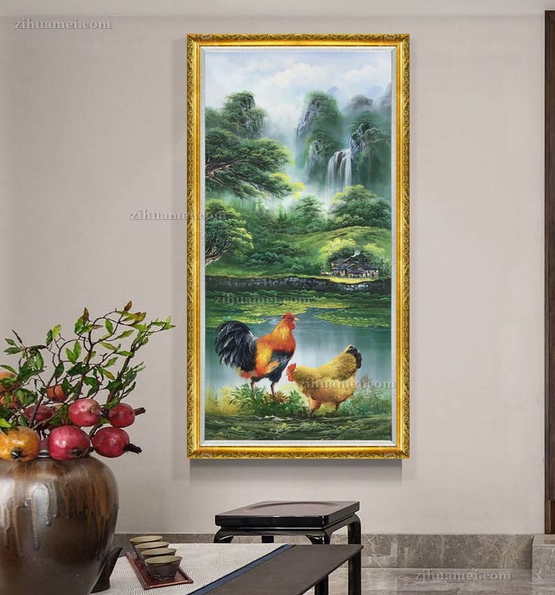 实力画家纯手绘新中式玄关油画