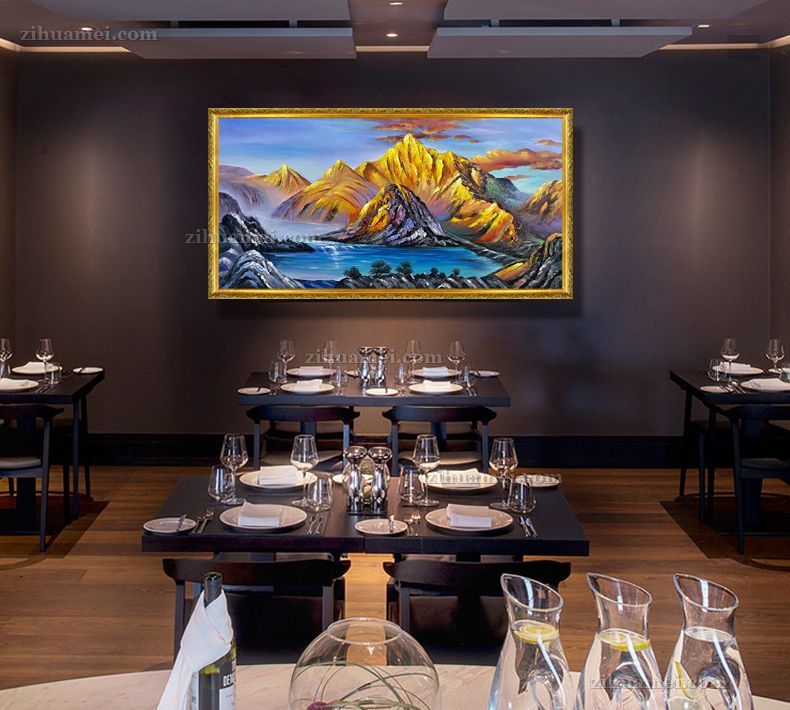 纯手绘风景画 金山银山 酒店大厅装饰画 实木画框