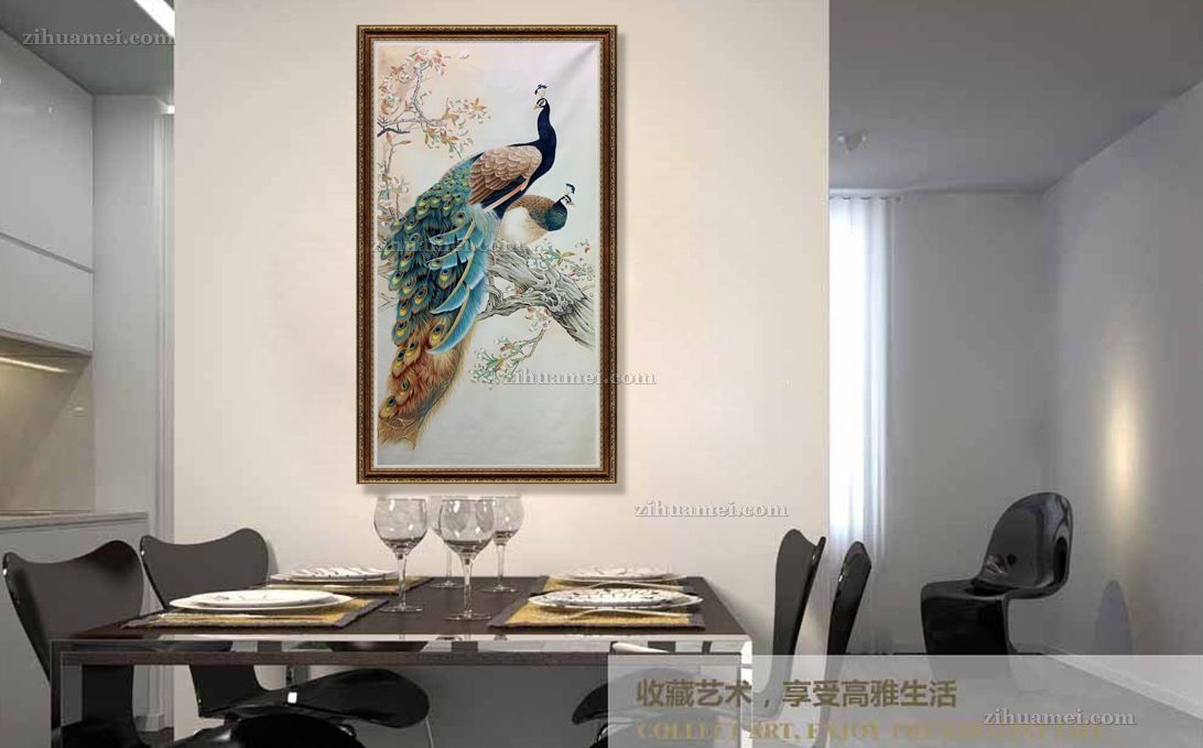 纯手绘动物油画孔雀风景油画