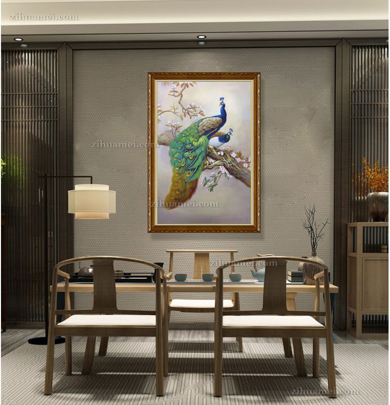 新中式手绘油画孔雀图