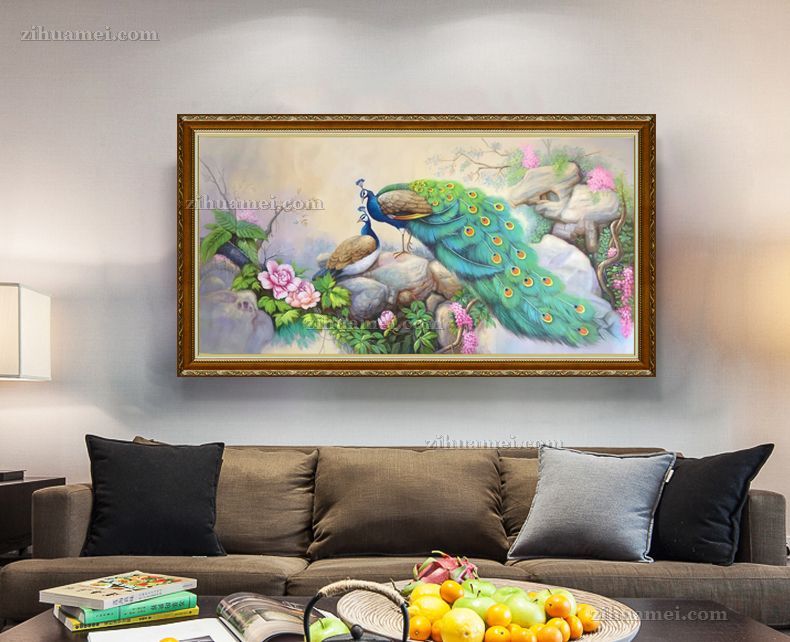 新中式客厅手绘孔雀图油画作品