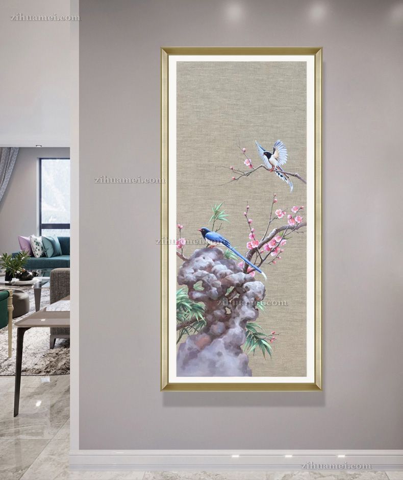 纯手绘精品花鸟油画梅花与太湖石