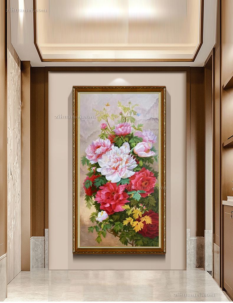 新中式玄关位置牡丹花鸟油画