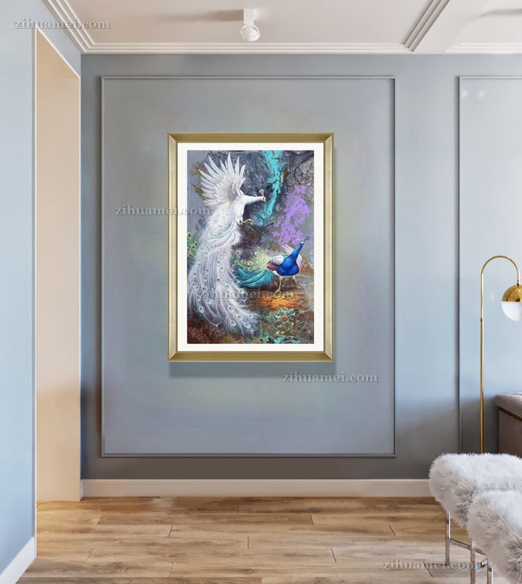 适合玄关的品质手绘动物油画孔雀图