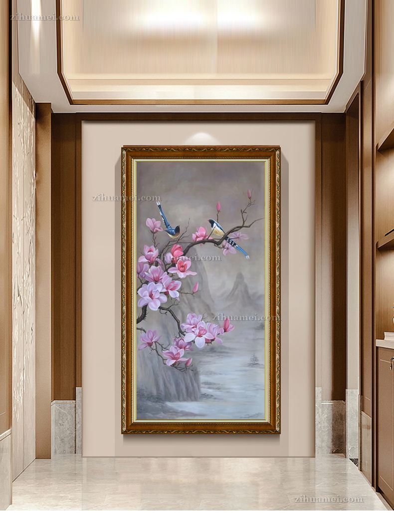 纯手绘写实玄关花卉油画玉兰花