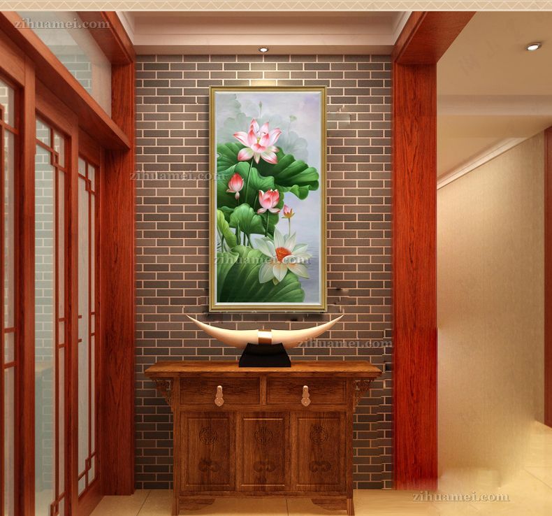 实木画适合卧室新中式荷花花卉油画