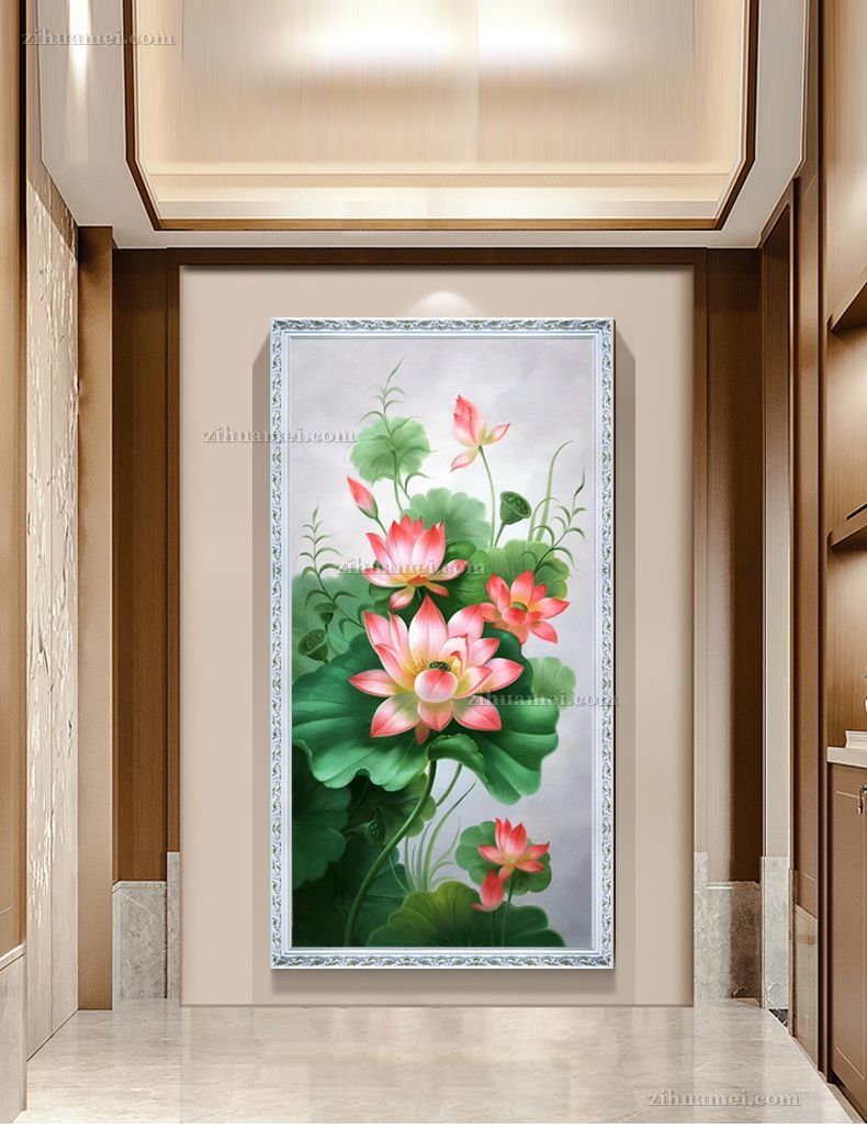 纯手绘写实荷花风景油画