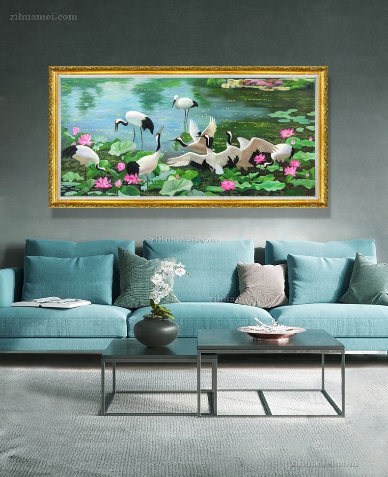 纯手绘风景油画仙鹤荷花池风景油画