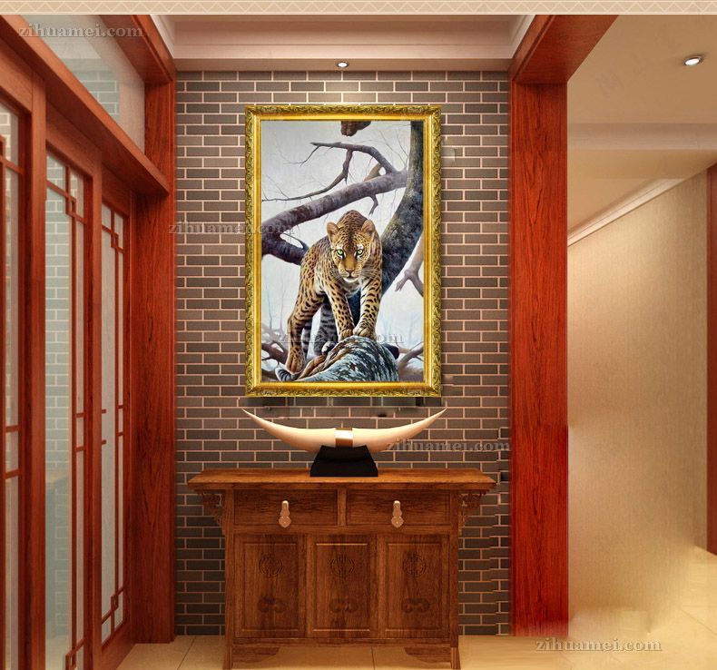 适合走廊玄关的动物写实油画豹子图