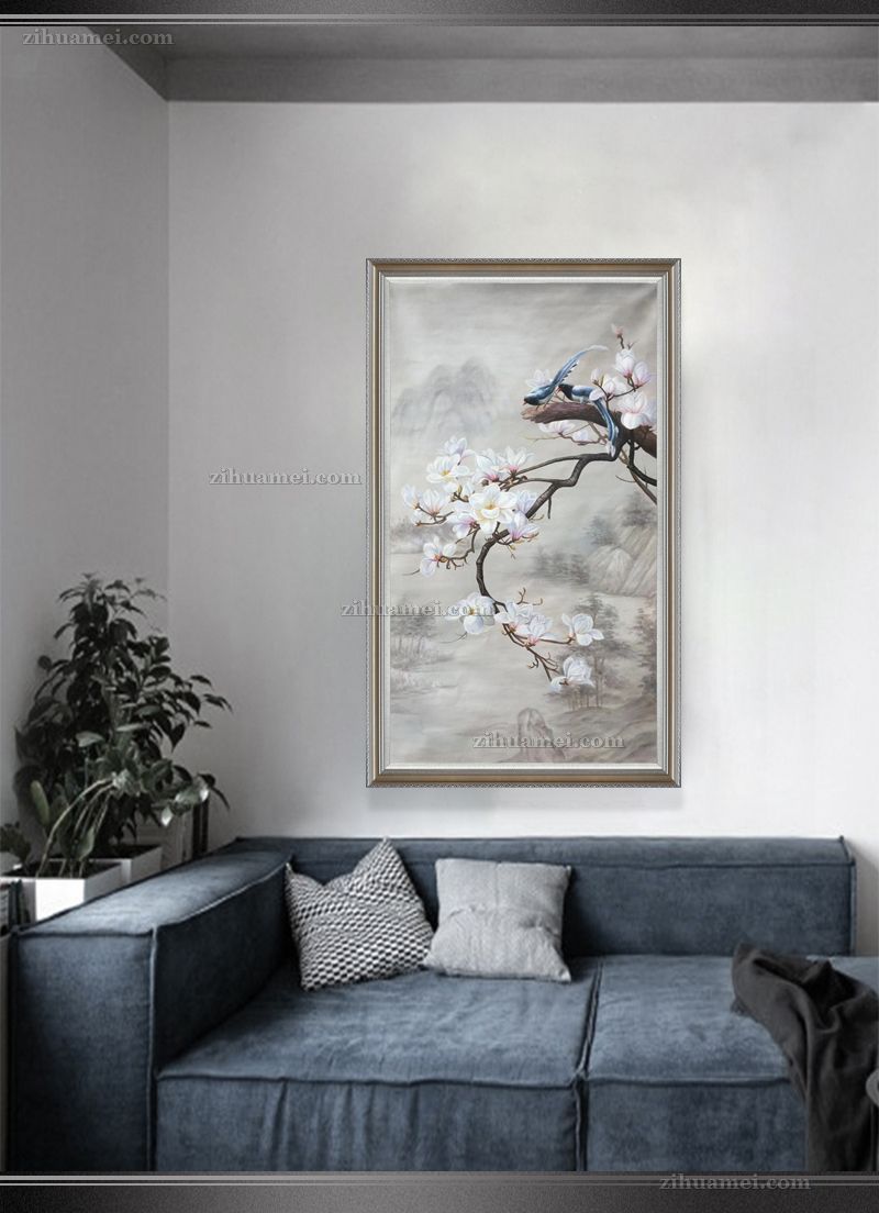 实木画框花卉油画玉兰花喜鹊油画