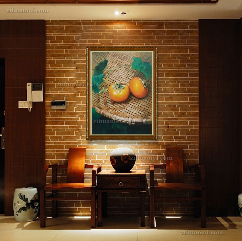 适合玄关的写实静物油画柿子图