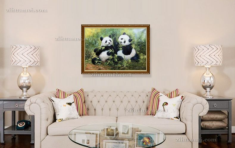 团团圆圆熊猫手绘动物油画