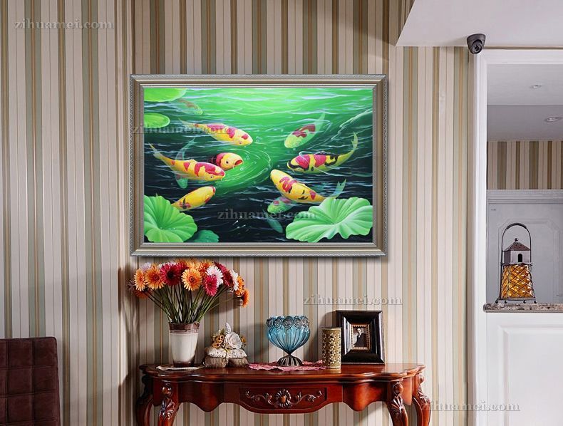 锦鲤写实荷花风景油画