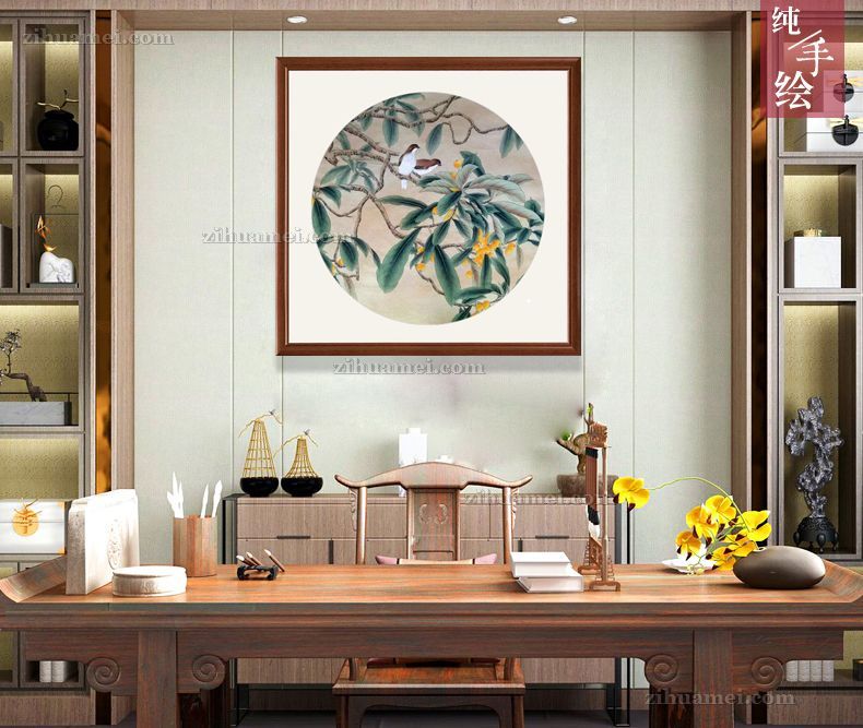 枇杷树下花鸟国画