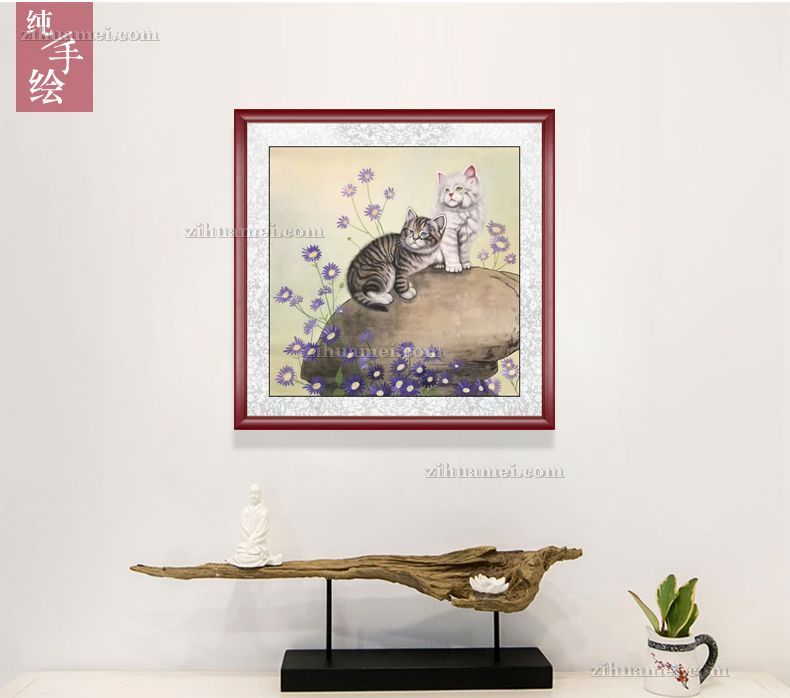 国画工笔动物国画黑猫白猫